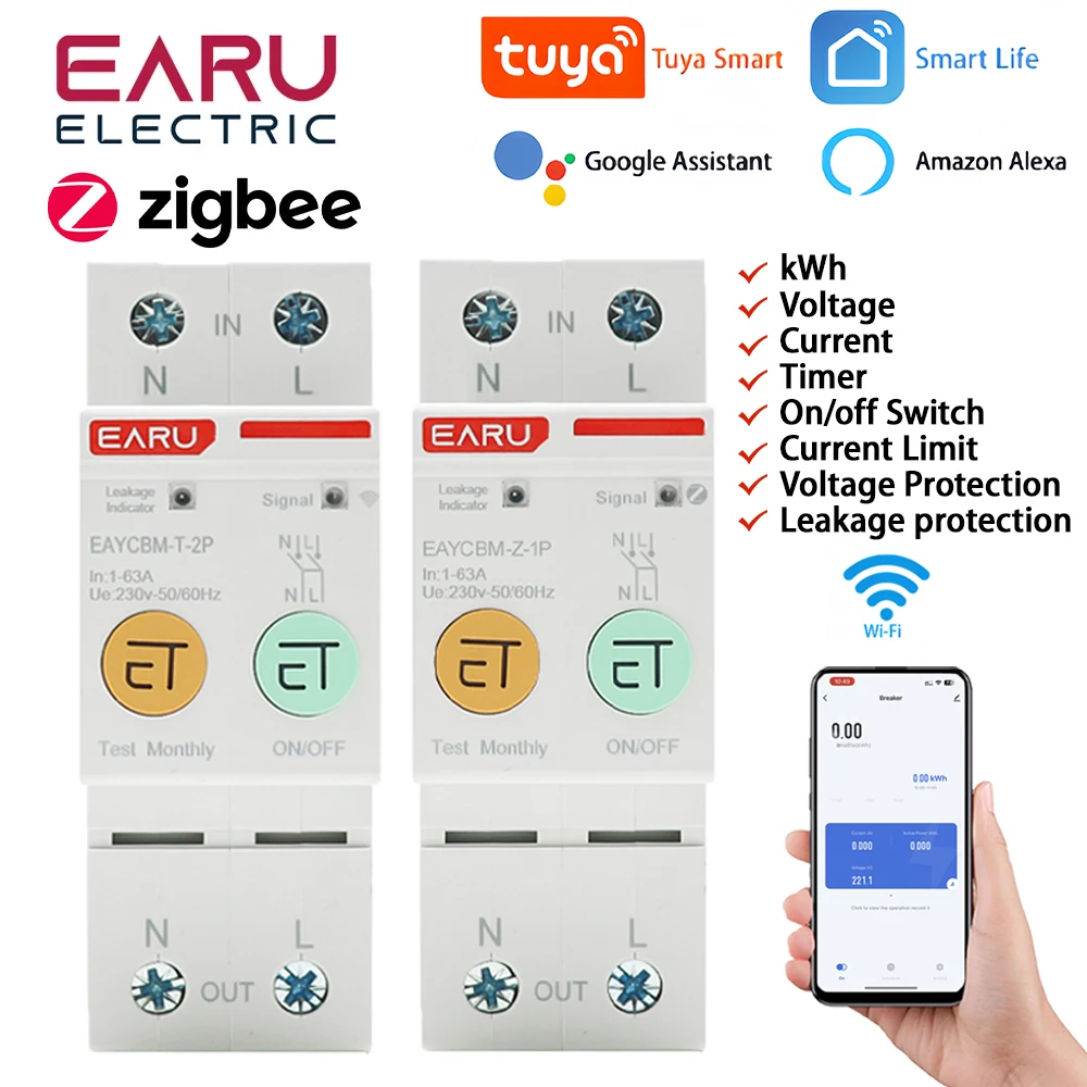 

2P TUYA APP Zigbee WIFI Smart Energy Power Consumption kWh Meter Circuit Breaker Time Relay Switch Leakage Voltage Protection