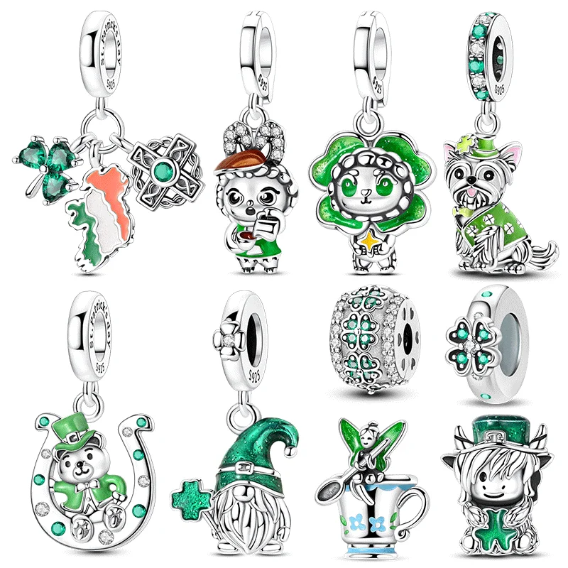 

925 Sterling Silver Ireland St. Patrick's Day Shamrock Leprechaun Charms Bead Pendant Gift Fit Bracelet Jewelry DIY Marking