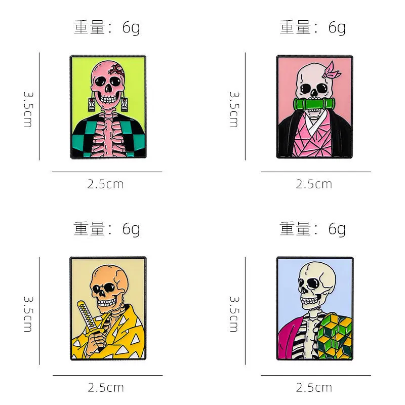 4pcs Demon Slayer Anime Punk Skeleton Character Brooches Set for Backpack Bag Jewelry Halloween Themed Gift