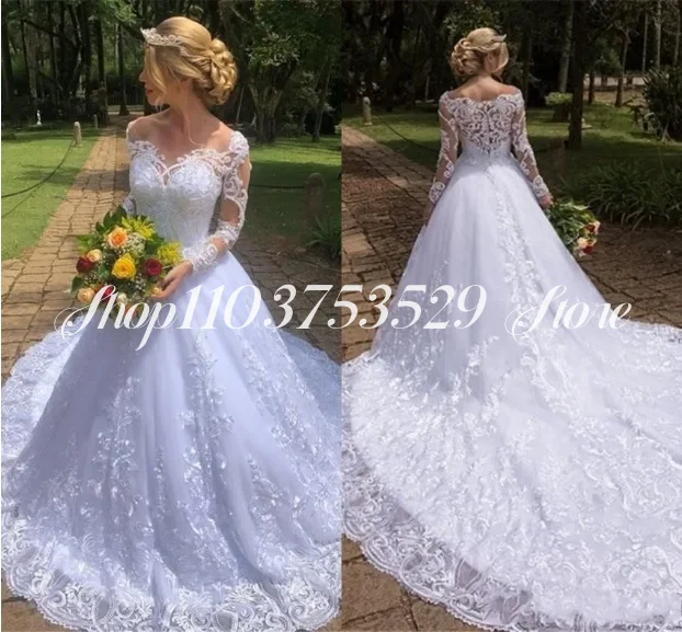 New Modern A-line Wedding Dresses Illusion Strapless Lace Applique Long Sleeve Court Tail Large Size Custom Bridal Gowns