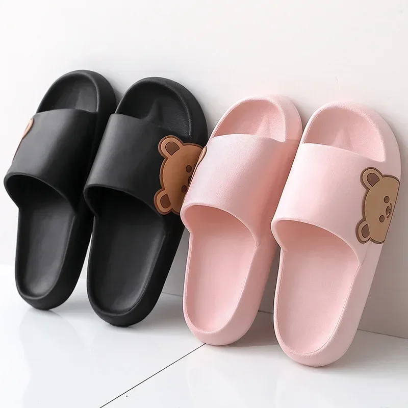 Summer Men Slippers Indoor Women Bathroom Soft Sole Non-slip Slides Home Cartoon Bear Flip Flops Beach Sandals Ladies Shoes