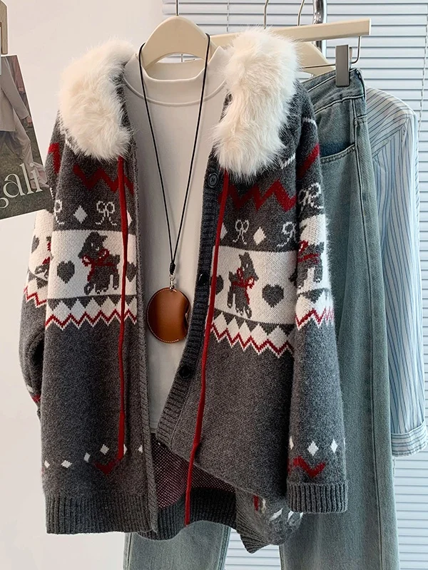 لينة Thiened الخريف الشتاء تصميم الإحساس المرأة تريكو سترة سترة معطف مع الفراء طوق مطرزة فضفاضة تناسب #5
