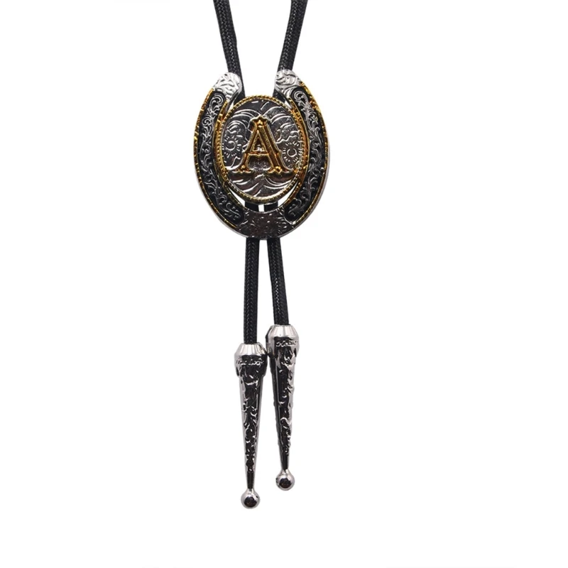 Cowboy Faux Leather Rope Bolo Tie Necktie with Metal Initial Letter Pendant for Men Women Parties and Casual Wear