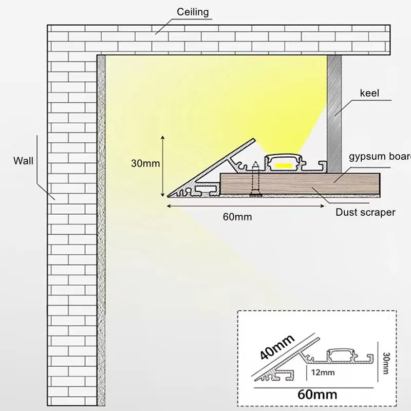 45 Degree Aluminum Led Profile Ultra-Thin 1M Embedded Top Corner Ceiling Gypsum Linear Lamp Wall Washing Indoor Reflective Lamp