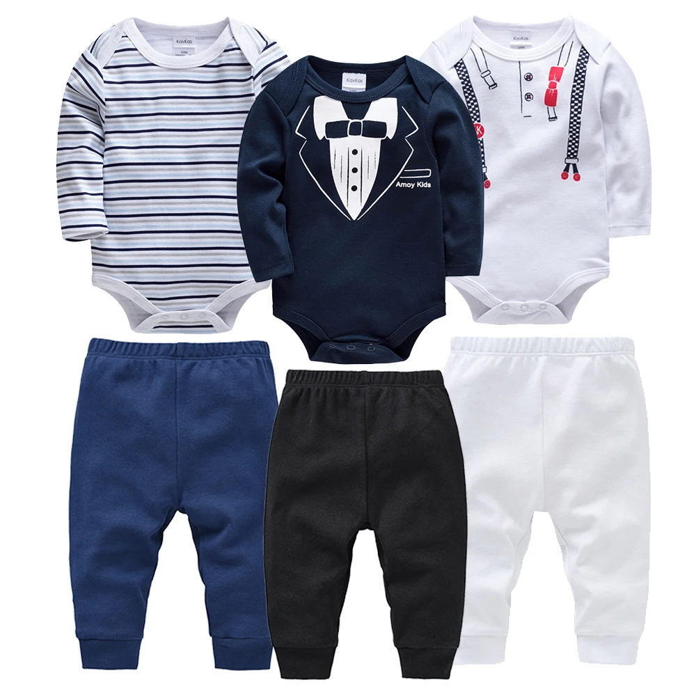 3 Pcs Baby Boys Clothes Newborn Bebe Boys Romper Set Tie Print Long Sleeve Cartoon 100% Cotton Bodysuit Jumpsuit Clothing 3~24M
