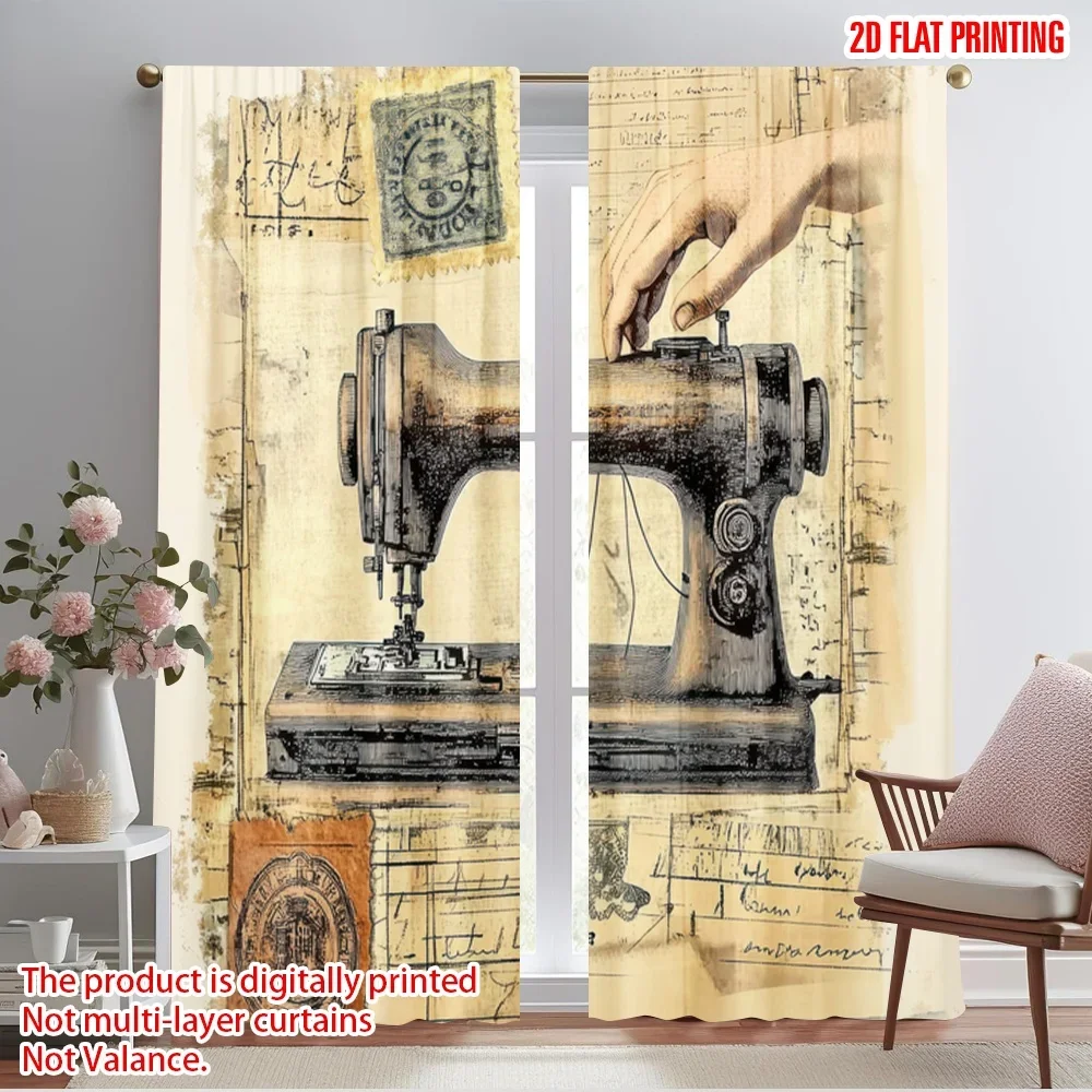 2pcs,2D plane printing Contemporary Curtains Vintage Seamstress Versatile Polyester Fabric (without rod) Room Decor Ldeal for