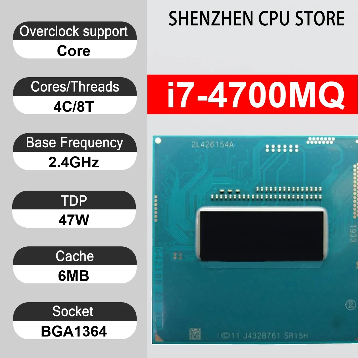 Intel Core i7-4700MQ 4 Core 8 Thread 2.40GHz 47W 6MB Cache 22nm BGA 1364 SR15H DDR3L-1600 MHz Haswell HD Graphics 4600