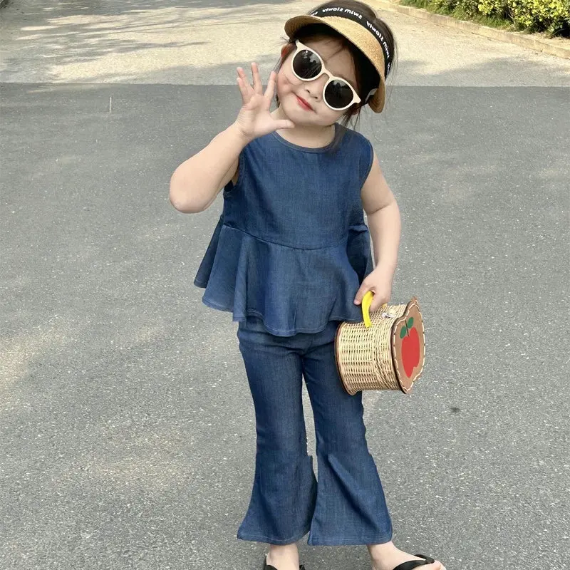 Humor Bear Girls Summer Clothing Single Breasted Denim Top And Flare Pants Fashionable Casual WearTwo-piece Set