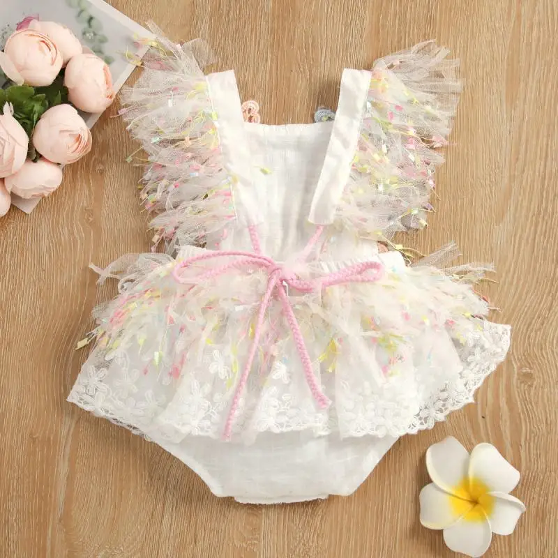 Summer New Baby Girl Sweet and Cute Jumpsuit with Tassel Mesh Small Flying Sleeves Butterfly Sticker Crawling Outwear