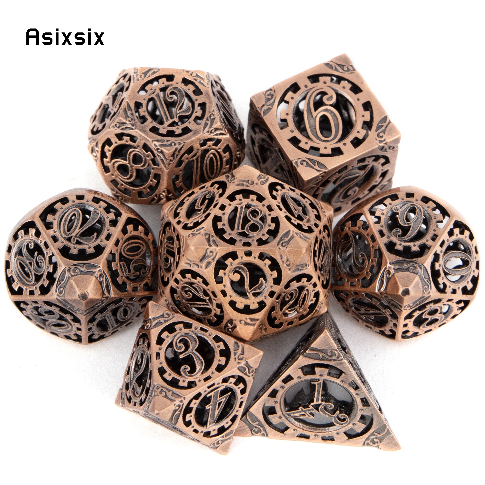 7 Pcs  Copper Gear Wheel Metal Dice Hollow Metal Polyhedral Dice Set Suitable for Role-Playing RPG  Board Game Card Game