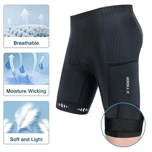 Imagen 2 del producto Pantalones cortos de ciclismo para hombre, X-TIGER con bolsillo trasero, acolchado de Gel 5D, medias para ciclismo de montaña y carretera