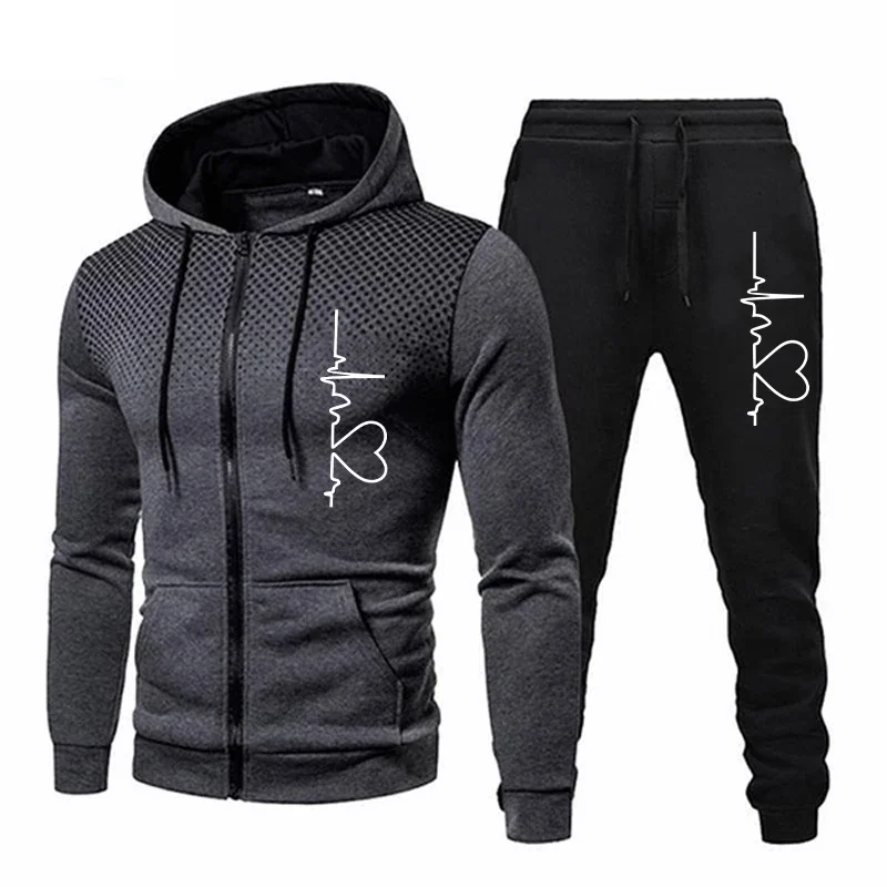 Tute da uomo moda Casual cuore stampa cerniera felpa con cappuccio + pantaloni della tuta Set da 2 pezzi cappotto rotondo a pois tuta da Jogging