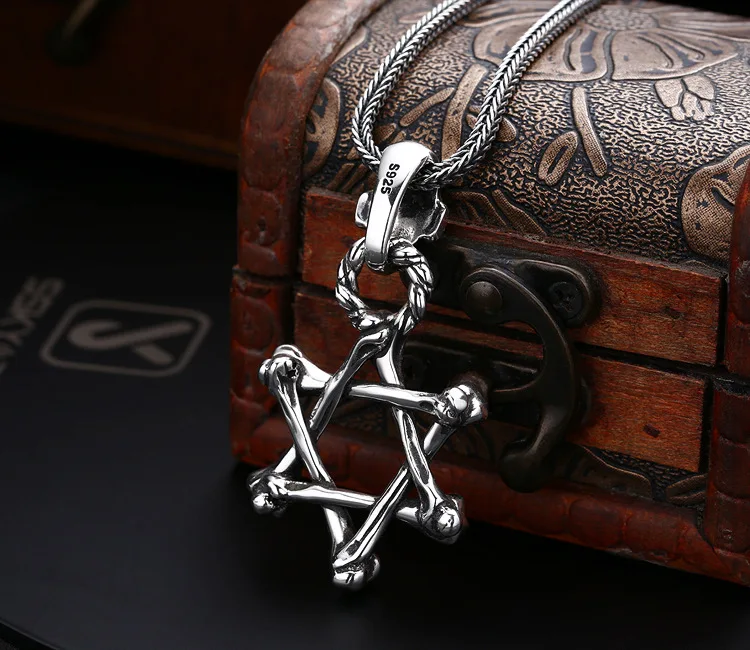 Wholesale s925 pure silver necklace pendant for men and women, skull six pointed star Thai silver retro vintage vintage vintage