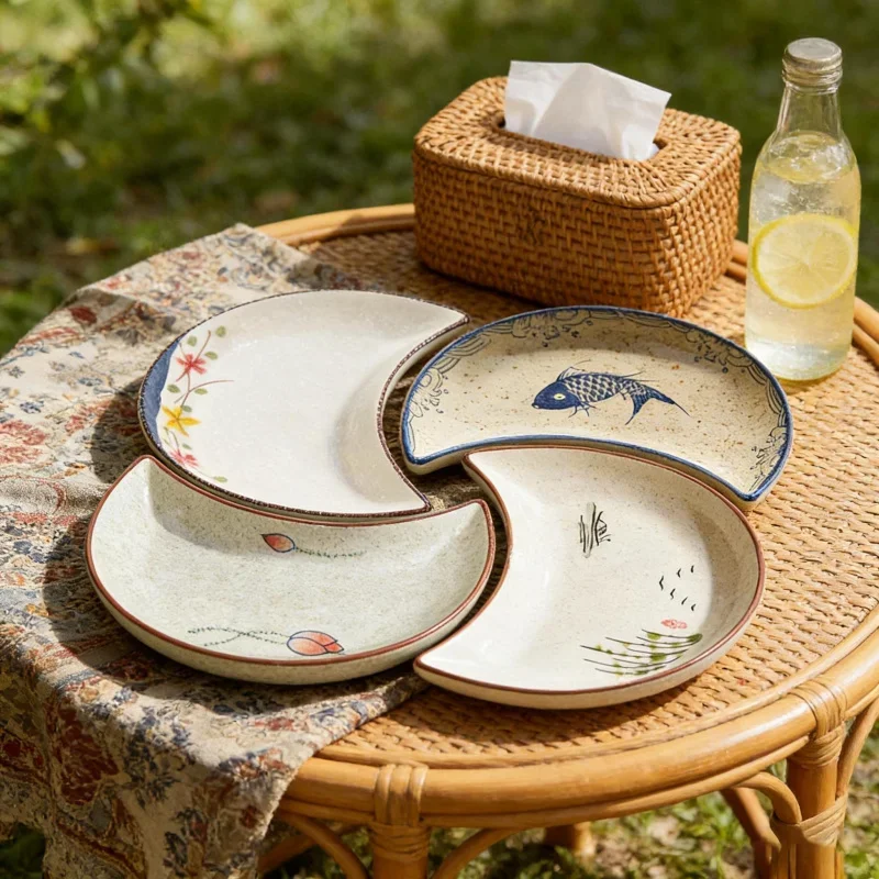 4pcs Moon-Shape Ceramic Platter Set - Home & Party Plates for Snacks, Sushi & Desserts - Perfect for Family Meals, Gatherings
