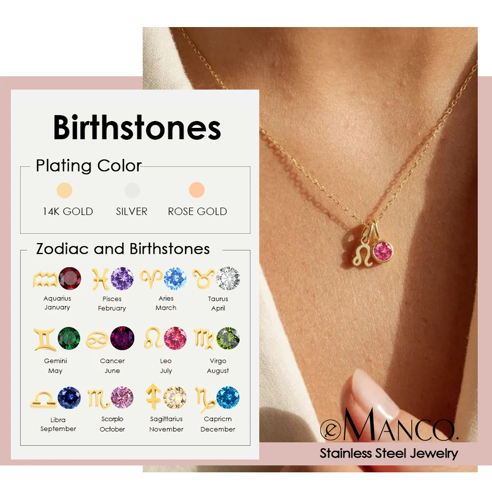 eManco Birthstone Constellation Double Pendant Necklace 12 Zirconia Stainless Steel Jewelry DIY Necklace Birthday Gift