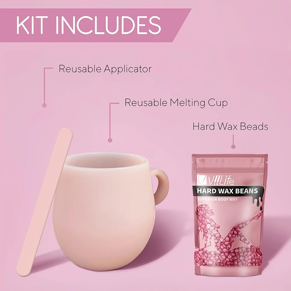 Viilife DIY At Home Microwave Waxing Kit Pink - Hard Wax Beads with Melting Cup & Applicator for Face & Body Hair Removal