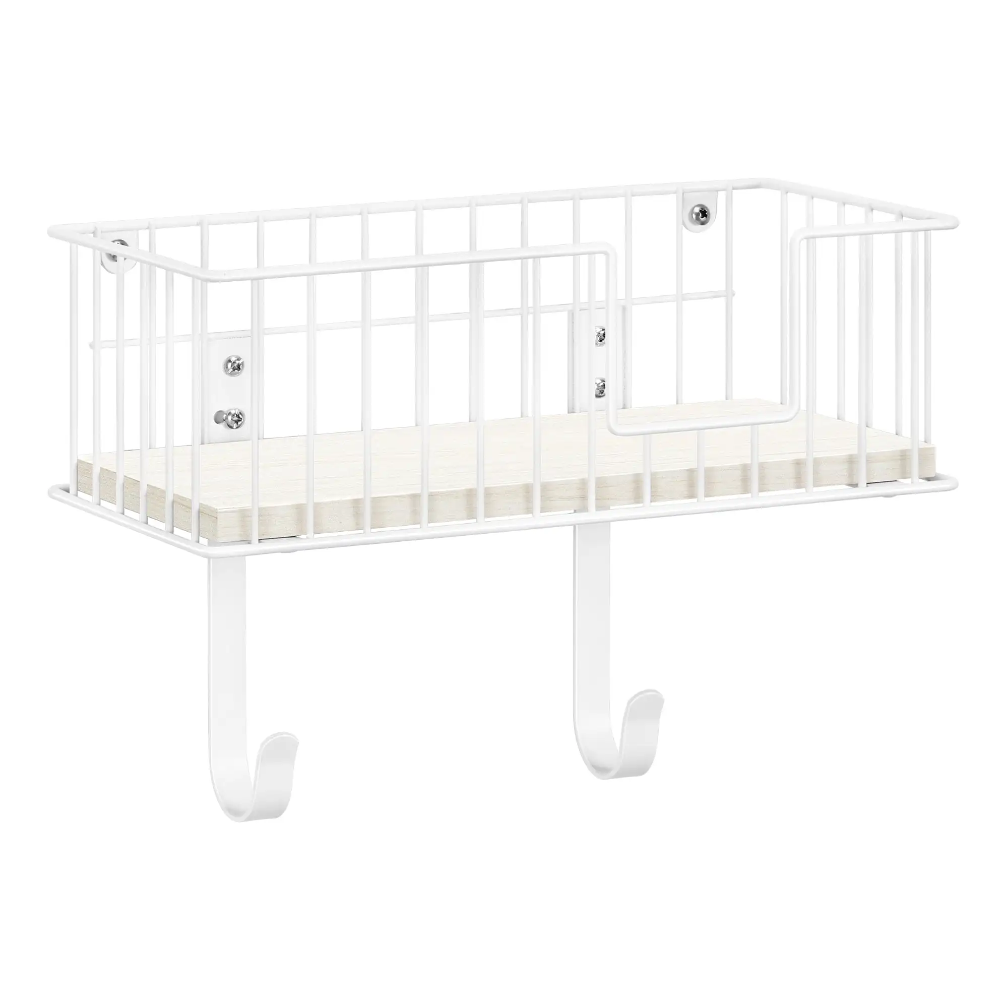 شماعة لوح كي مثبتة على الحائط لساق T وساق Y مع سلة تخزين وخطافات قابلة للتعديل، باللون الأبيض