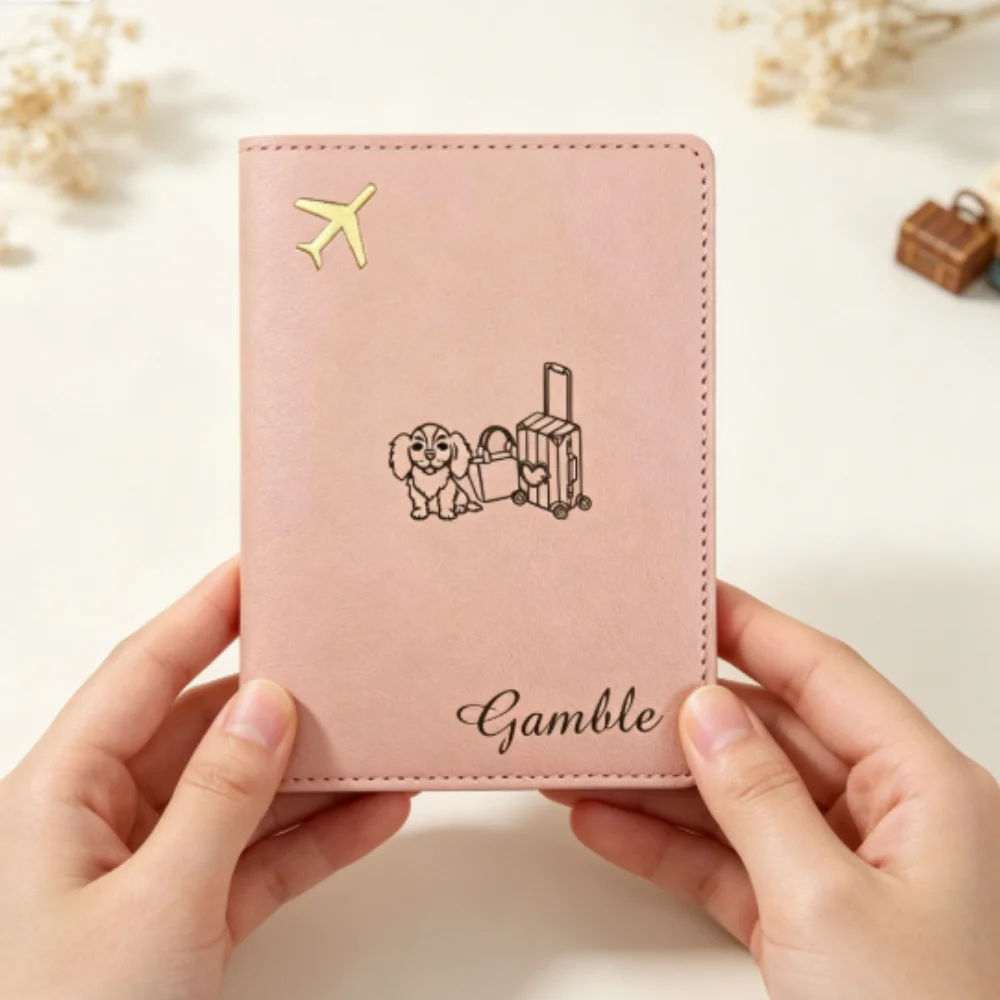 Personalized Name Passport Cover, Aesthetic Leather Sleeve, Romantic Honeymoon Travel Gift For Couples