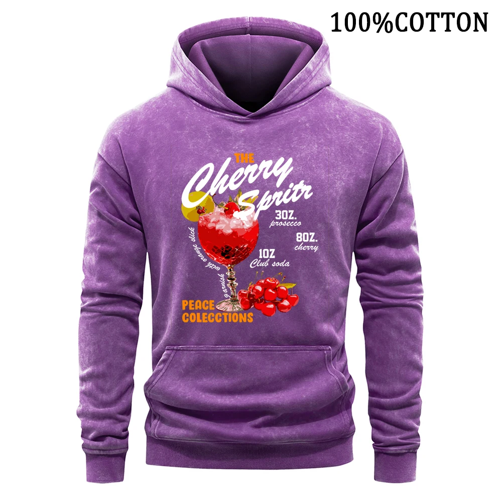 Cherry Juice Spritn Peace Colecctions Man Hoodies Vintage Washed Hoodie 100% Cotton Hoody Soft Snug Pullover Streetwear Tops