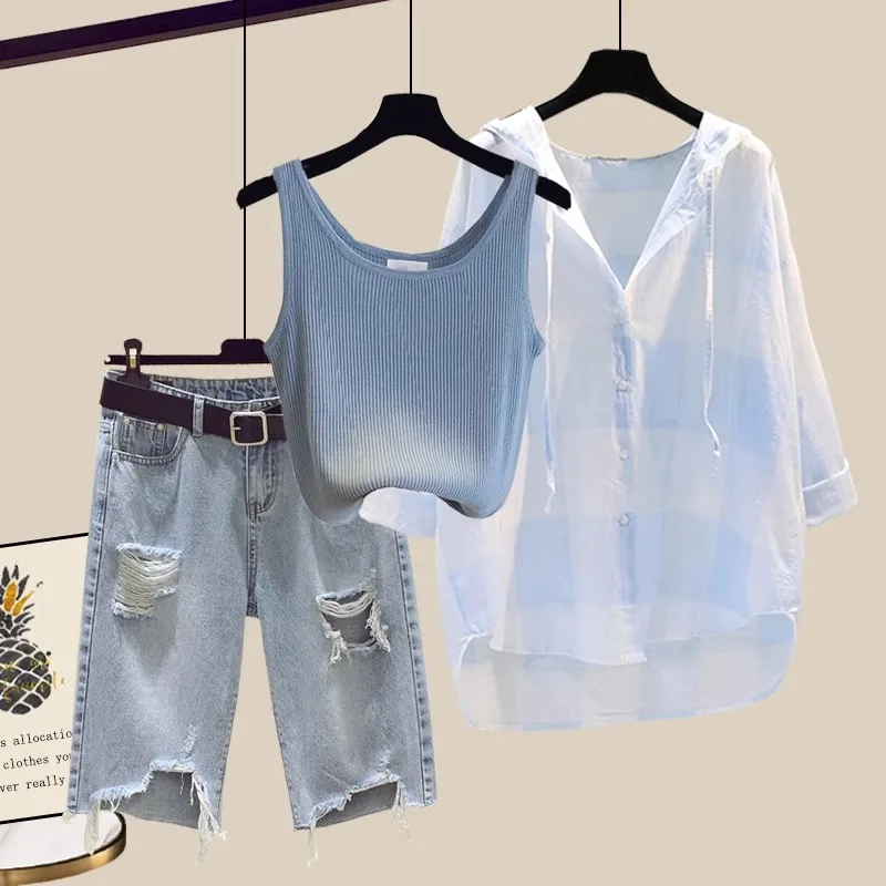 

Fashionable Summer Outfit Set Women's Lazy Style Sun Protection Top Denim Shorts plus Size Slimming Three Piece Set
