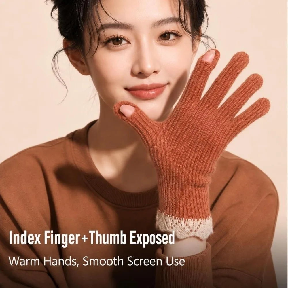 Stylish Lace Cuff Open Tip Touch Screen Gloves Warm Winter One Size Wool Blend Gloves Long Knitted Gloves Outdoor