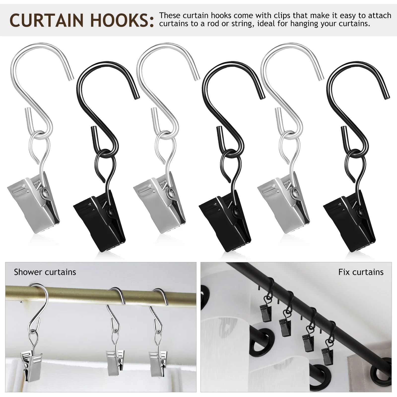 

50Pcs Curtain Hooks Clips S Hooks Iron Material Hanging Clips for Drapes Curtain Rod Rings Easy Install Clip Rings for Curtains