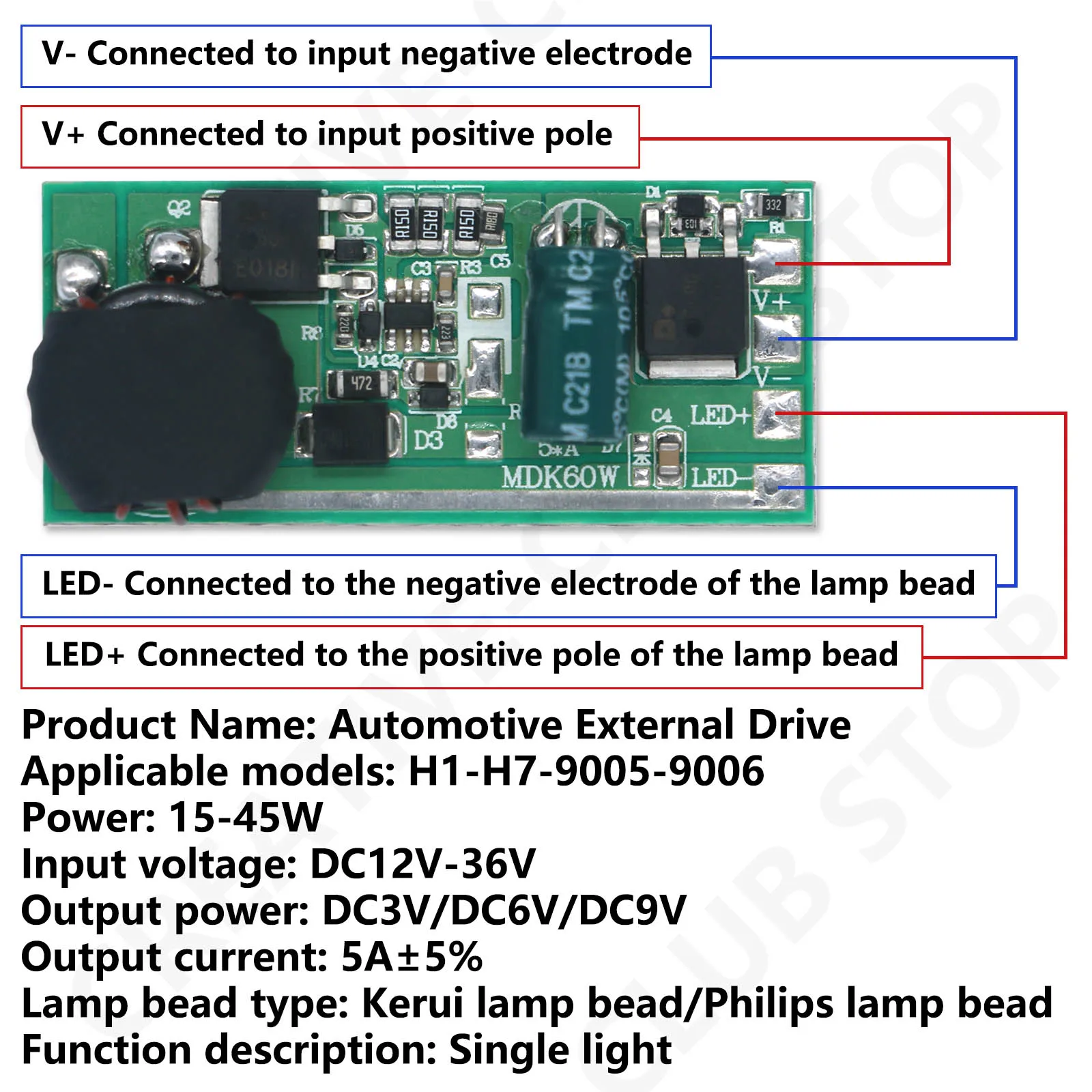 Driver LED 15-45W DC12V-36V alimentatore a luce singola 5A trasformatore di illuminazione per luce moto auto H1-H7-9005-9006 perlina lampada