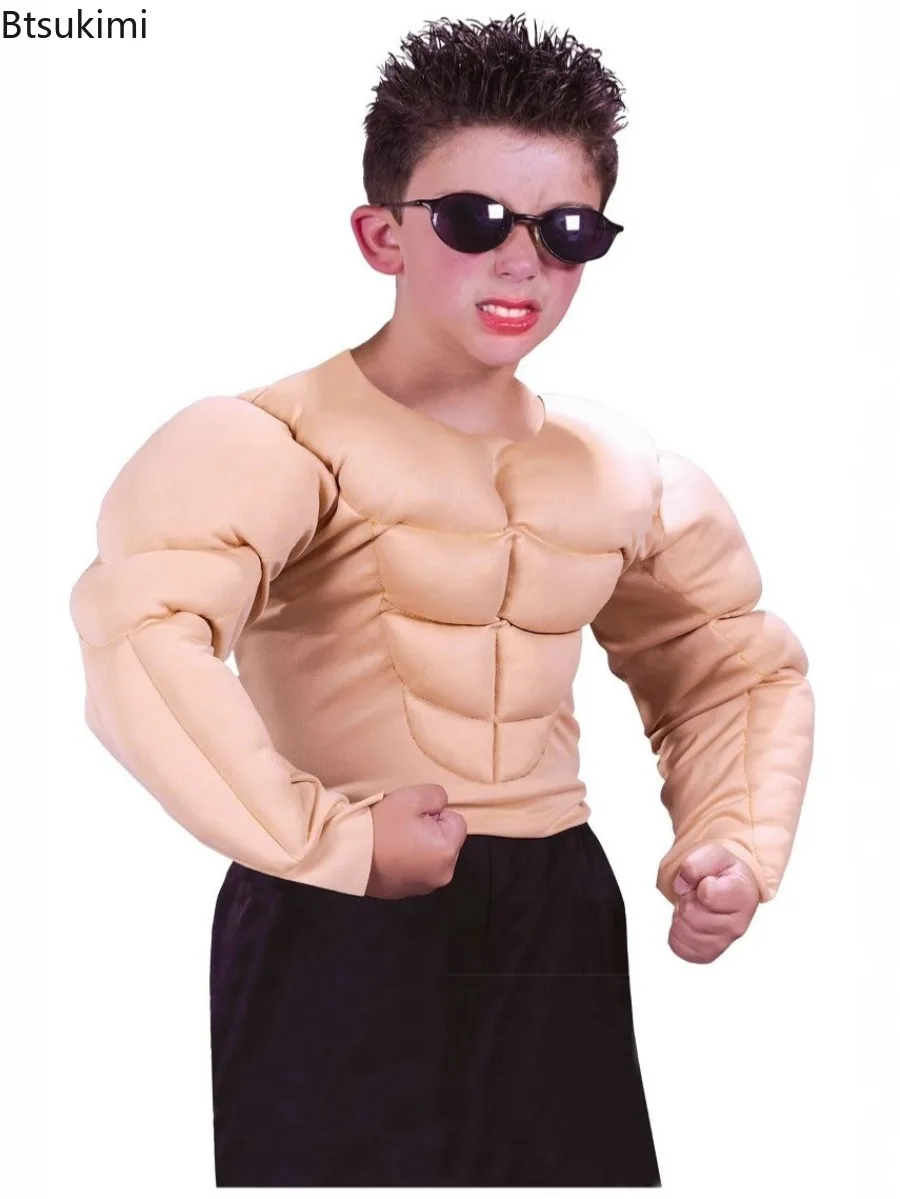

New Boys Muscle Shirts Children Stage Performance Outfit Fashion Fake Muscle Funny Tops Wrestler Halloween Kids Cosplay Costumes