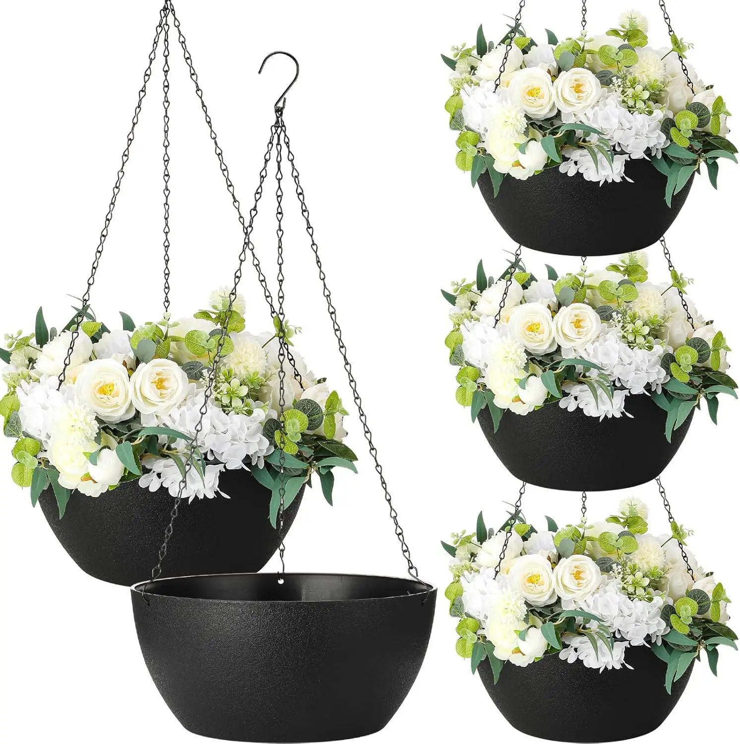 4 Pack Hanging Planters (13") Black with Drainage for Indoor, Outdoor, Balcony, Garden, Patio, Porch Plants