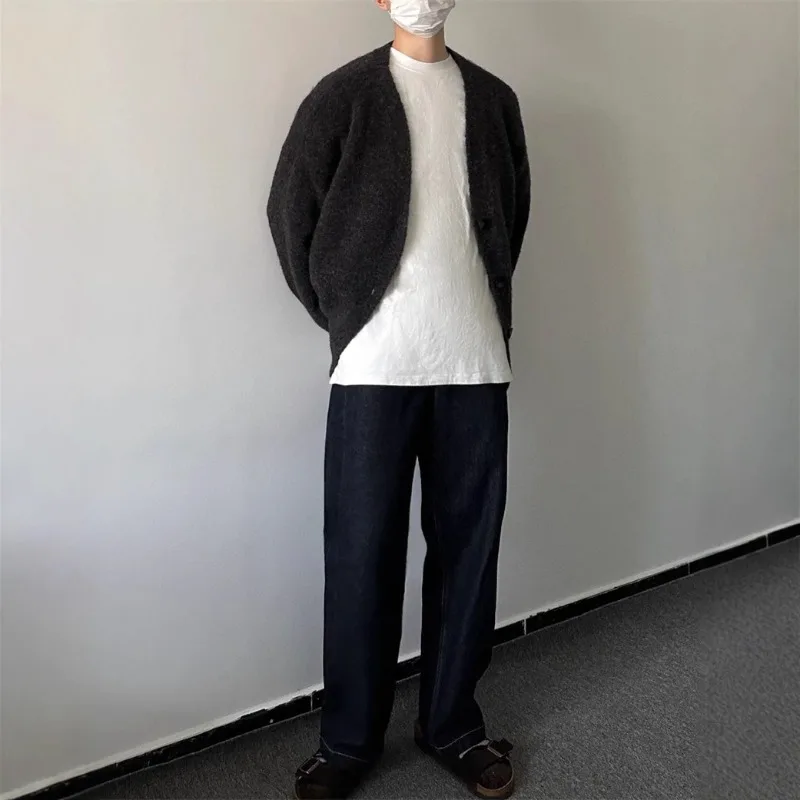 Hot Koop Van Het Seizoen Herfst Winter Verdikte Luie Mode Nertsen Gebreide Open Vest Mannen Losse Zwarte Trui Jas V-hals W
