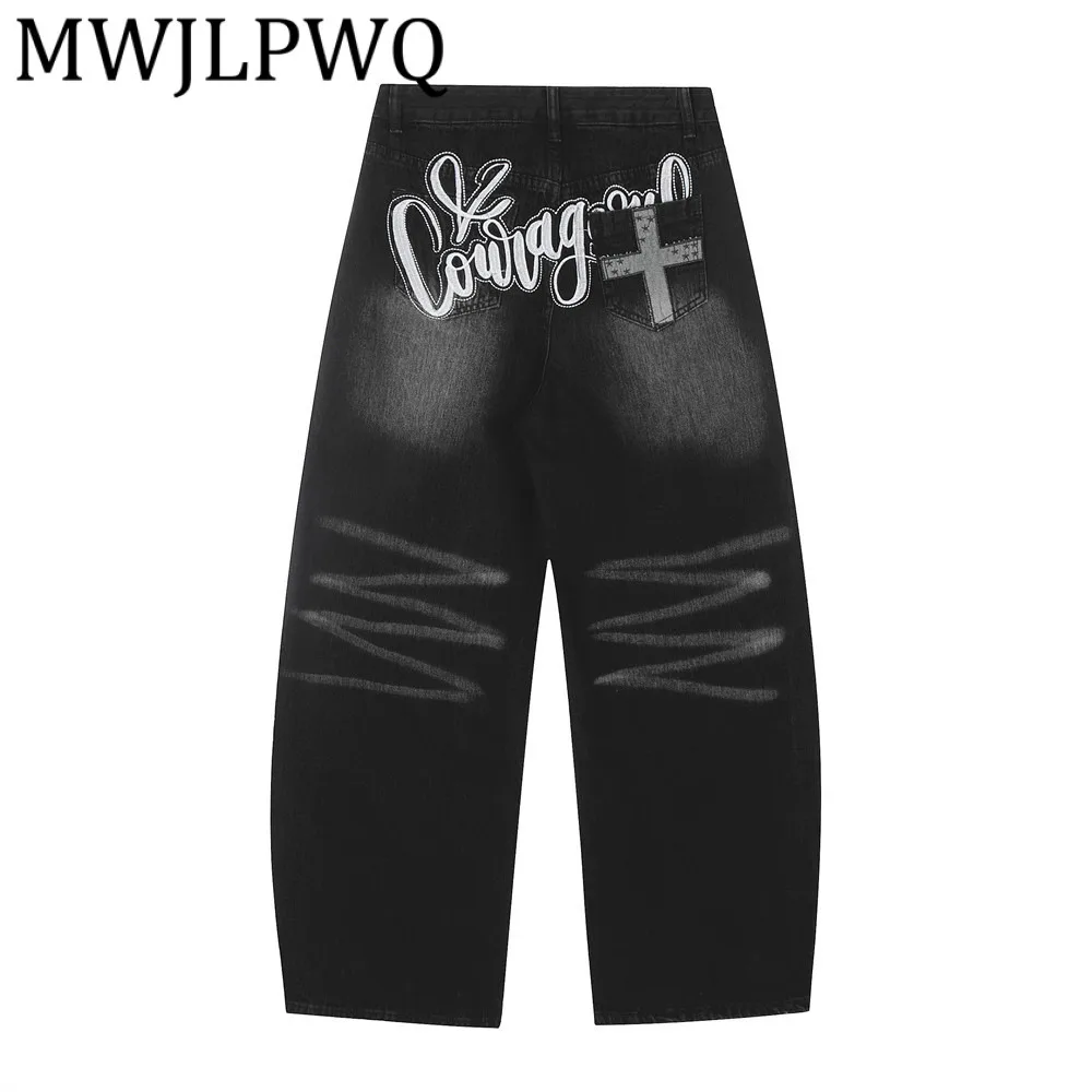 Spodnie męskie MWJLPWQ z modnym haftem, styl uliczny, hip-hop, sprane, uniwersalne, luźne, szerokie nogawki, jeansy 12112