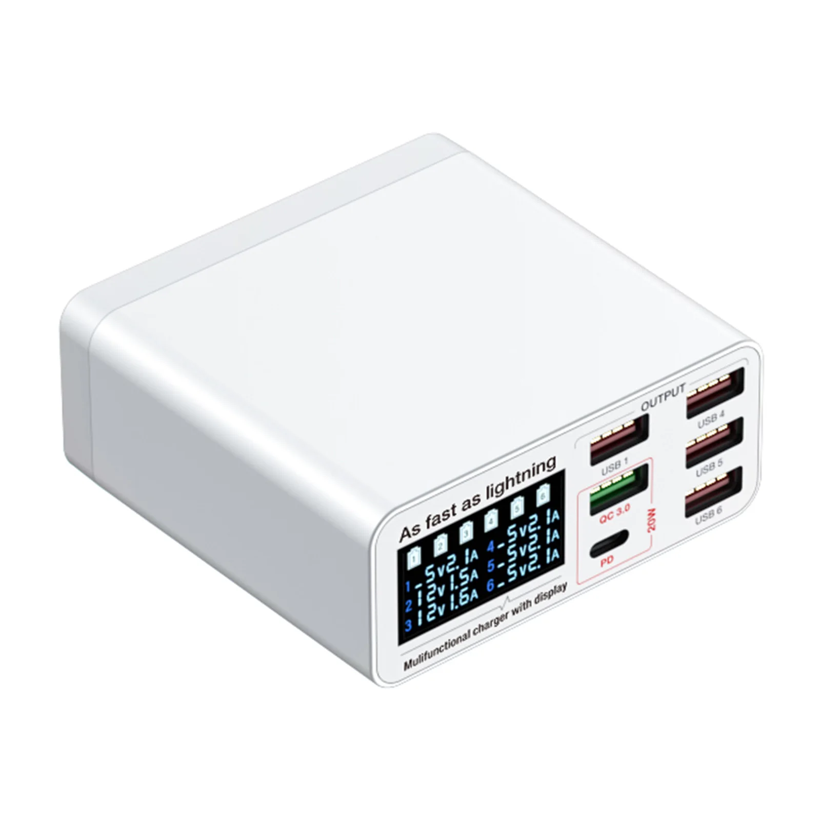 Multi-Port Charging Station 6-Port Multi-function Desktop Charging Station with Smart Display USB  for Multiple Devices