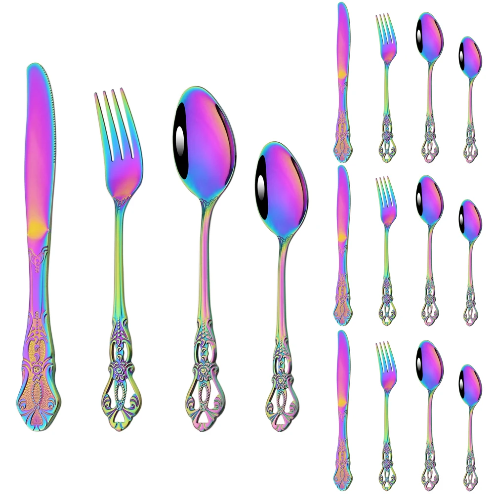 

16Pcs/set Vintage Colorful Dinnerware Set Knife Fork Dessert Spoon Tableware Mirror Stainless Steel Cutlery Set Kitchen Flatware