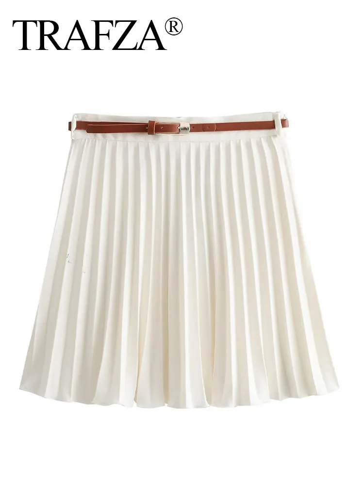 

TRAFZA Women Summer New Chic Folds Belt Slim Mini Skirt Woman Fashion Solid Side Zipper Decorated Short Skirt Streetwear Mujer