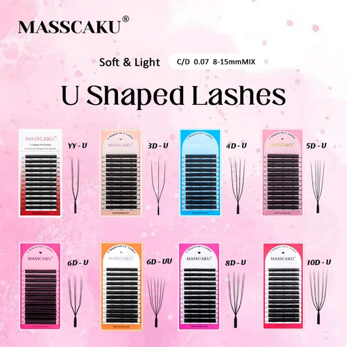 Pestañas Postizas MASSCAKU C/D en Forma de U 3D/4D/5D/6D/8D/10D Mixtas de 8-15 mm, Pestañas de Volumen Natural Hechas a Mano por Profesionales