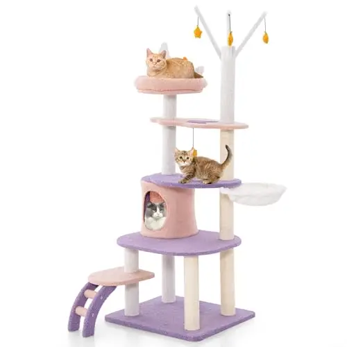 Cat Tree Tower, 62 Inch Multi-Level Cat Tower with Cat Condo, Sisal Scratching Posts, Ladder, Plush Perch, Hammock