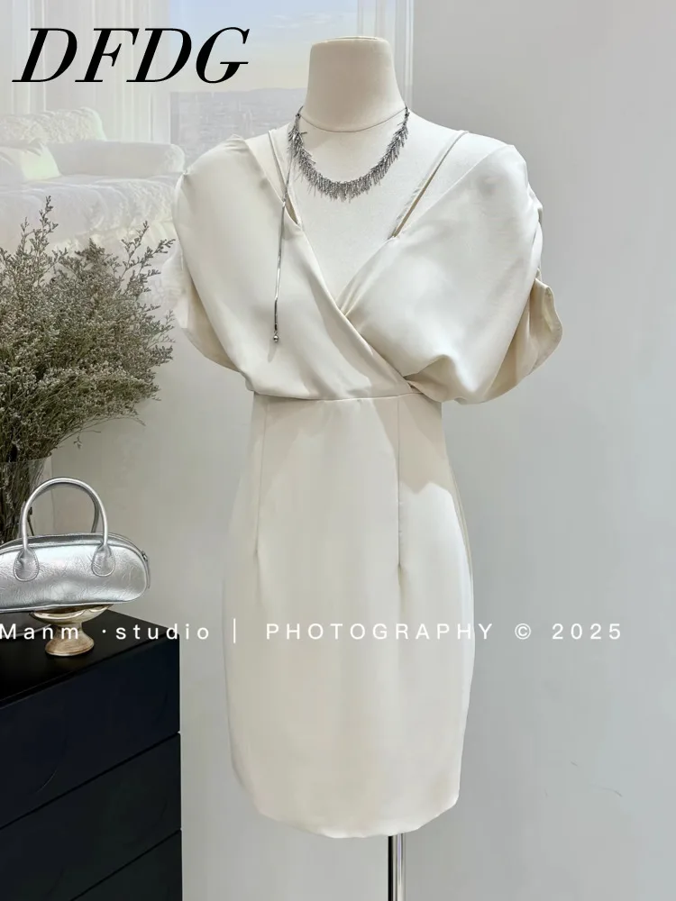 

Женское мини-платье DFDG бежевого цвета с V-образным вырезом и рукавами-фонариками, облегающее, для весны-лета, элегантное, для вечеринок, модное, трендовое, 2026