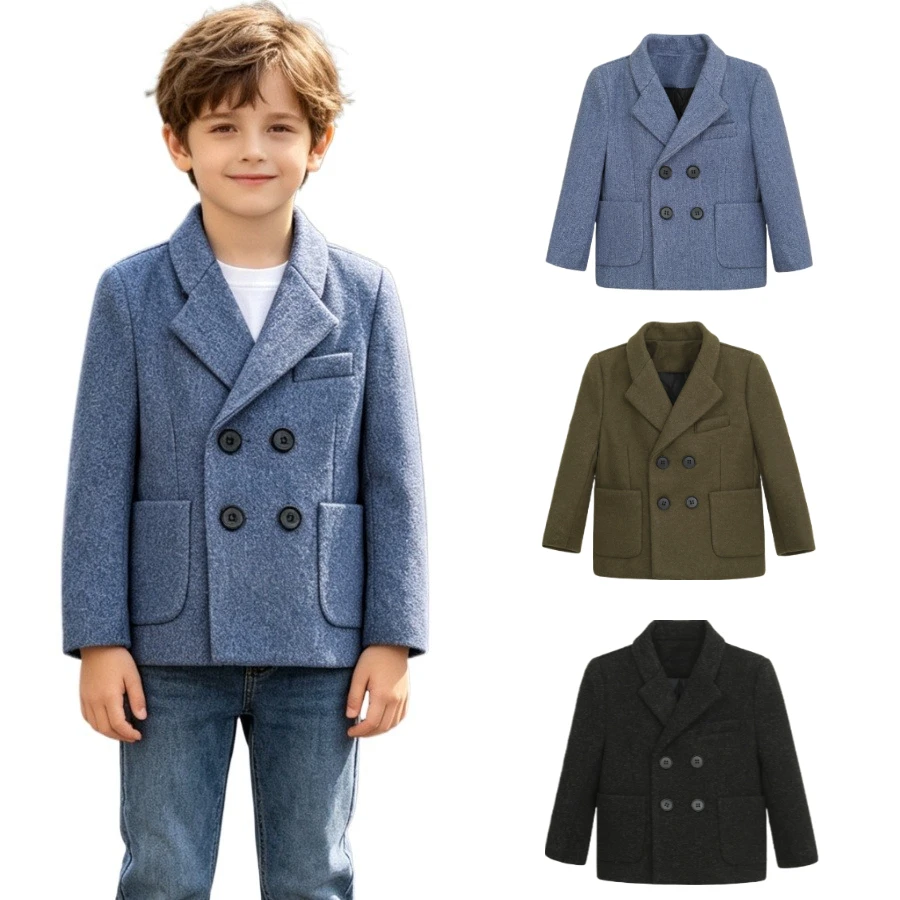 Boys Double Breasted Wool Blend Blazer Autumn Winter Lined Warm Tweed Coat Kids Wedding Flower Teen Boy Formal Suit Jacket 2-13y