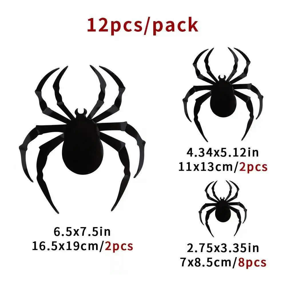 Pegatina de pared de araña negra de 12 piezas, pegatinas 3D de araña de Halloween, fiesta de fantasmas, pegatinas de pared Diy para telón de fondo, suministros de decoración de ventana