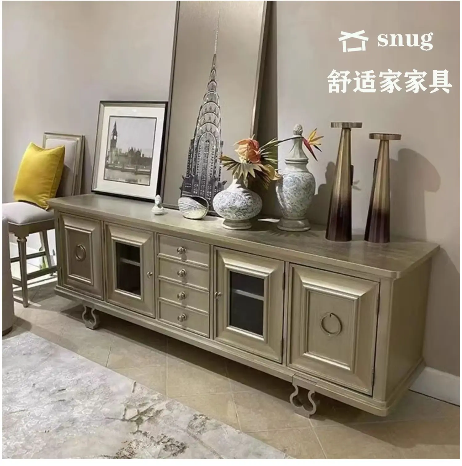 American Light Luxury Mori Impression Premium Gray Solid Wood TV Cabinet Coffee Table Combination ART