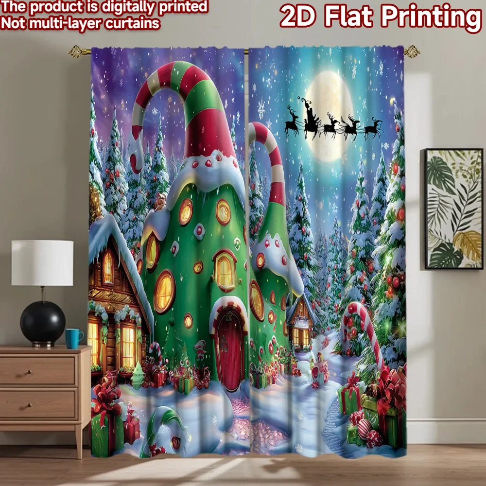 

2D flat printing 2pcs Drapes Christmas Elf House Snow Night Digital Printed Polyester Drapes Seasonal Party & Holiday Decor for