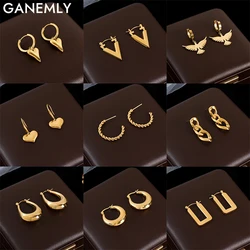 GANEMLY 316L Stainless Steel Geometric Heart Earrings For Women New Trend 18K Gold Plated Waterproof Ear Dangle Jewelry Gift
