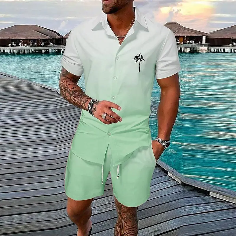 Europe and the United States Summer Men\'s Casual Shirt Set Hawaii Gradient 3D Printing Outdoor Short Sleeve Shorts 2-piece Set