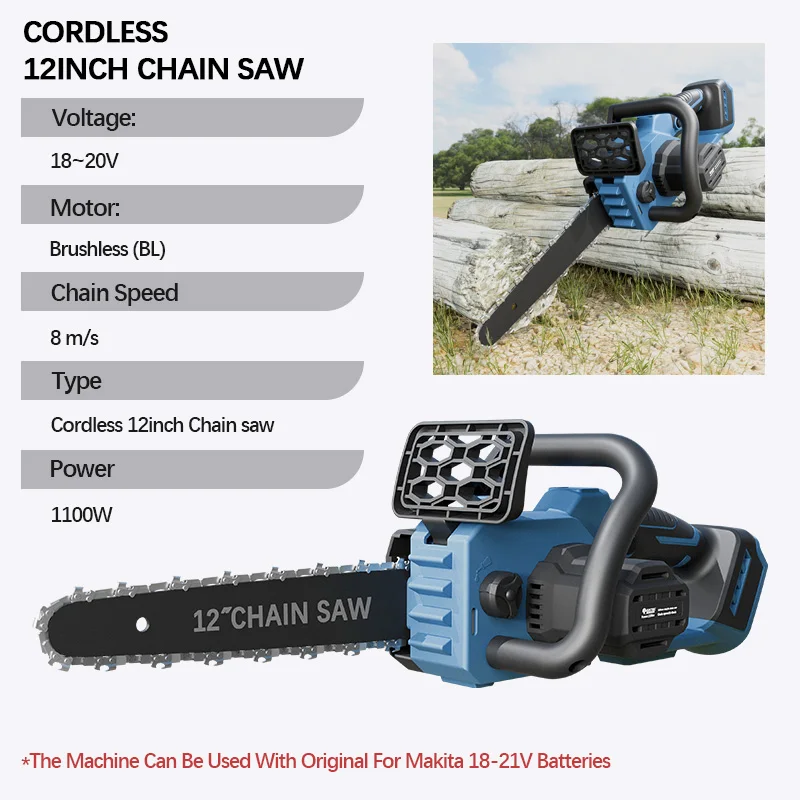 Electric Goddess 12inch Brushless Electric Chain Saw 1100W Cordless Handheld Woodwork Chainsaw For Makita 18V Battery Pin