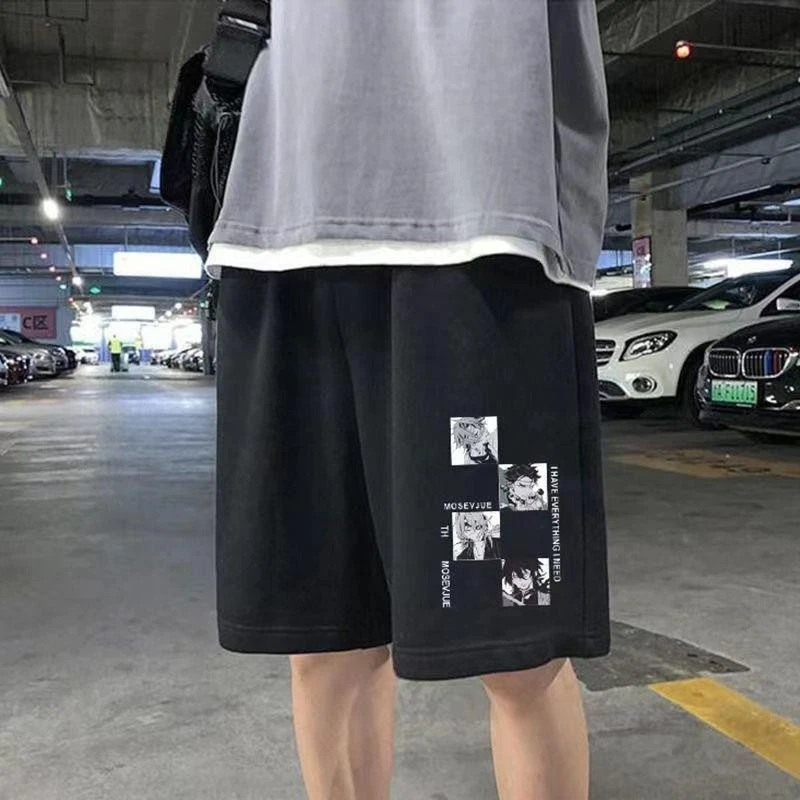 

Милые повседневные шорты в стиле аниме, мужские летние тонкие, повседневные и свободные, студенческие трендовые и спортивные капри с прямыми штанинами и принтом
