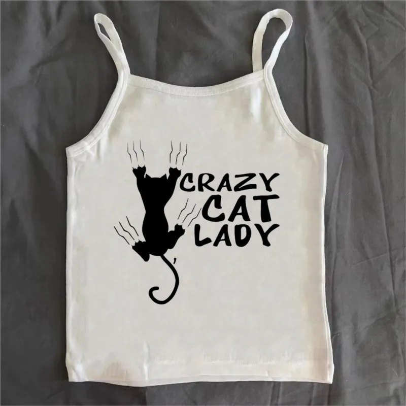 Crazy Cat Lady Graphic Print T-shirt Women Sexy Sling Fashion Print Tees South Korea Ladies Clothes Harajuku Retro Top Clothes