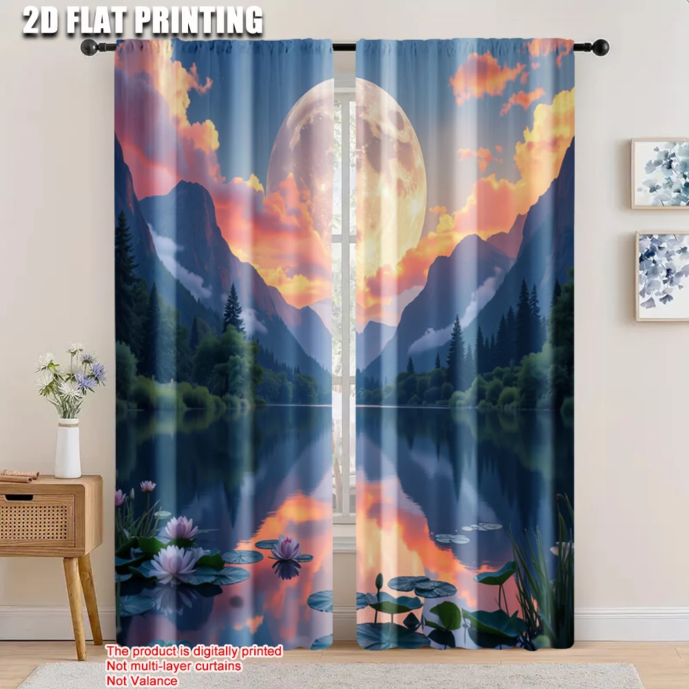 

2pcs, 2D flat printing Party Window Curtains moon Fabric,Without Electricity Wall Decor Use for translucent polyester curtains