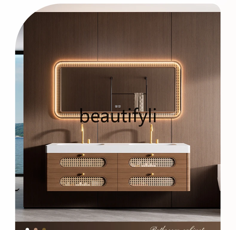 

Integrated basin antique hanging rubber wood paint rattan bathroom cabinet