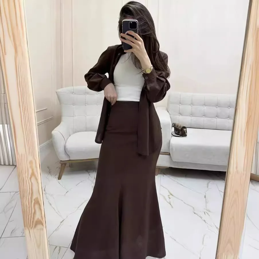 

Casual Fashion Women's Pure Color Shirt And Skirt Set High Waist Long Sleeve Turn-down Collar Spring Season Four Seasons Wear