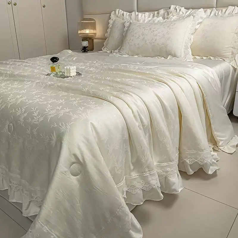 Koreaanse Prinses Jacquard Kant Quilt Queen Size Beddengoed Zomerdeken Koel Gevoel Zijdeachtig Roze Trooster Dun Dekbed 200x230cm